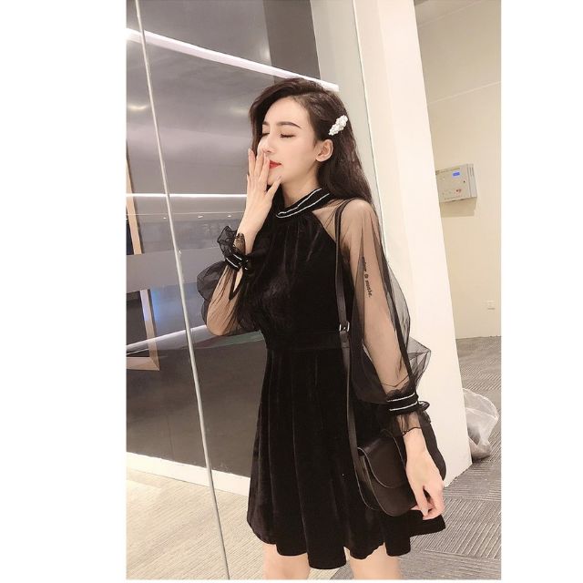 Đầm Dự Tiệc Nhung Phối Lưới Sang Trọng