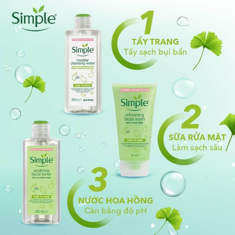 [Combo] Sữa rửa mặt, tẩy trang, nước hoa hồng Simple sạch sâu, dịu nhẹ, an toàn cho da nhạy cảm