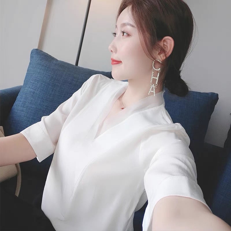 Áo Sơ Mi Chiffon Tay Lửng Cổ Chữ v Dáng Rộng Thời Trang Mùa Hè Cho Nữ K3AL