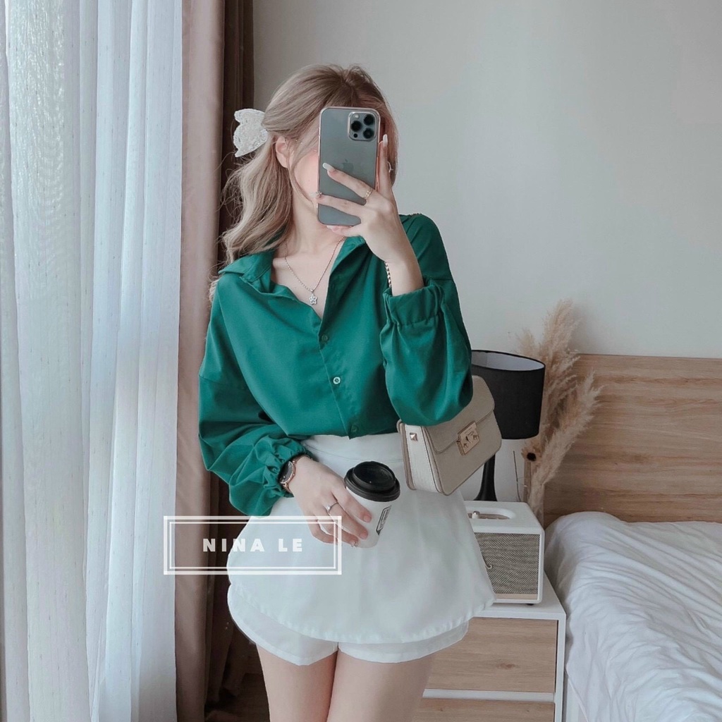 Set Áo Lụa Quần Ford Áo Kiểu Sơ Mi Lụa Màu Xanh Cực Trend Quần Trắng - Hàng Thiết Kế