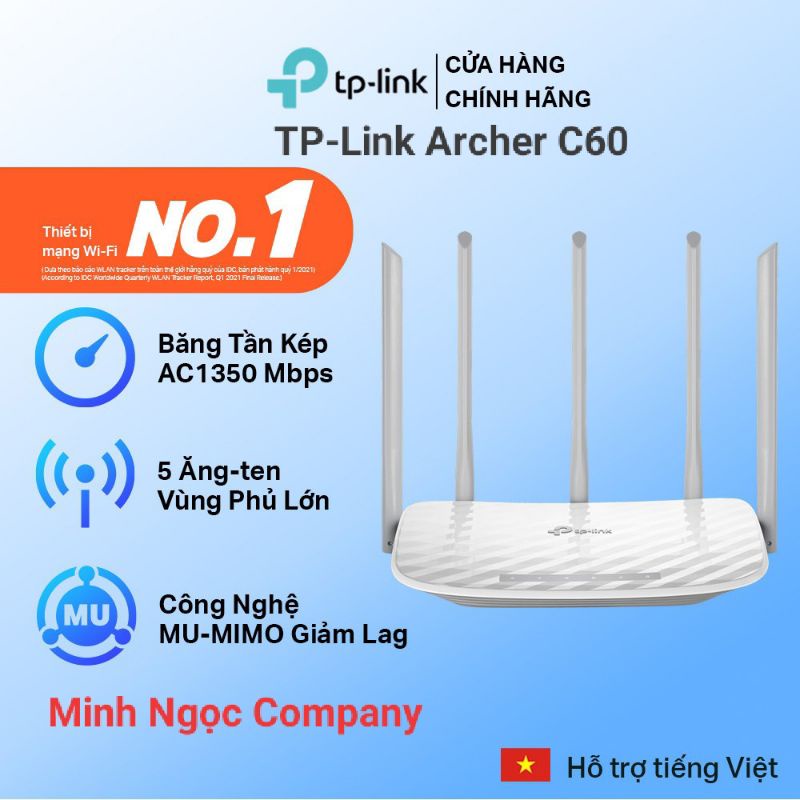 Bộ Phát Wifi TP-Link Archer C60 5 Ăng Ten Băng Tần Kép Chuẩn AC 1350Mbps - Hàng Chính Hãng