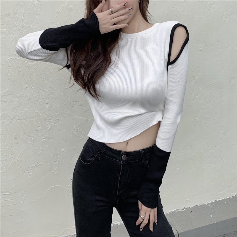 QADCOL Áo thun tay dài thiết kế khoét quyến rũ thích hợp cho phái nữ