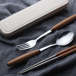 Bộ muỗng đũa dĩa  văn phòng chuôi gỗ có hộp đựng, hộp 3 đũa thìa cá nhân tiện lợi