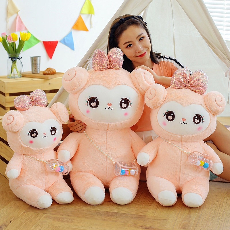 Gấu Bông Cừu Hồng Đeo Túi, Hàng siêu cấp, Lông mượt