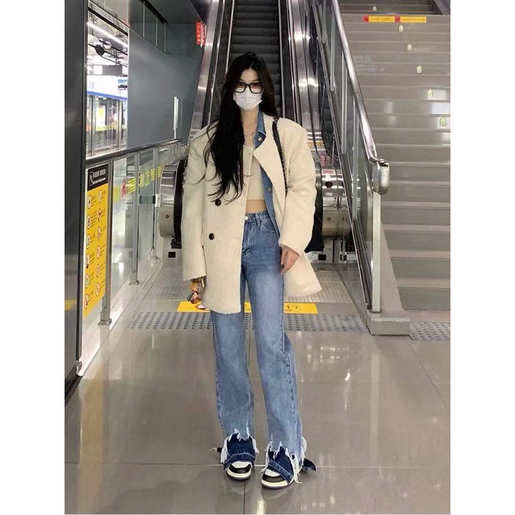 Personalized Street hot girl design style pants contrast color stitching denim straight wide leg loose trousers mop pants trendy uA4P