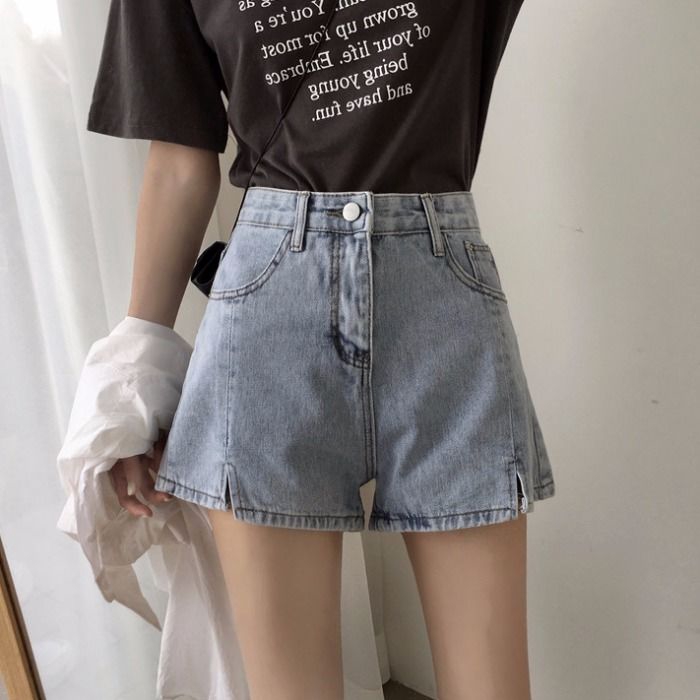 Quần Short Jean Nữ Lưng Cao Ống Rộng Xẻ Tà Phong Cách Hàn Quốc