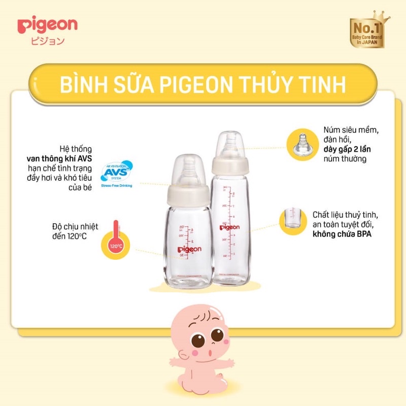 Bình Sữa Thuỷ Tinh Pigeon Cổ Hẹp 120/240ml Cho Bé
