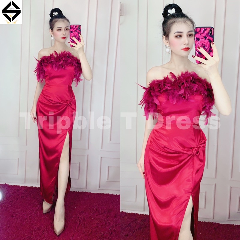 Đầm maxi body cúp lông xẻ đùi siêu xinh TRIPBLE T DRESS - Free size dưới 54kg