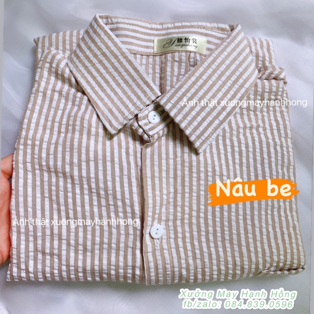 Áo sơ mi kẻ chất đũi xốp nổi from oversize rộng tiểu thư Hàn Quốc