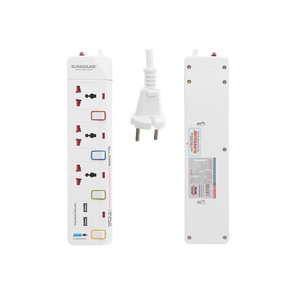 Ổ cắm điện Sunhouse 2 USB 3 lỗ 3 chấu 2.5m SHE- OC2-3RU