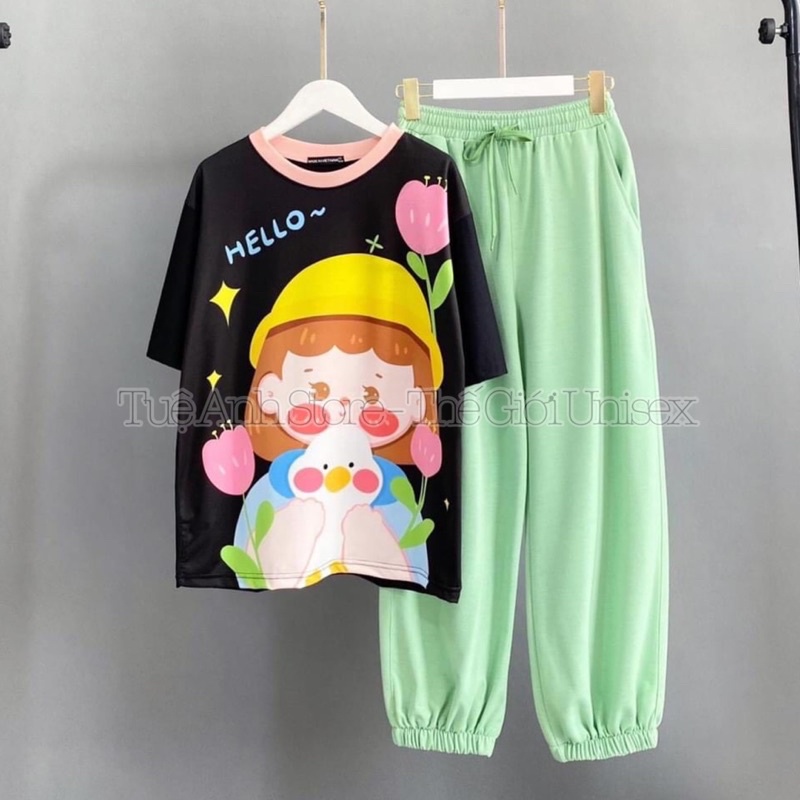 Set Nữ Bộ Dài Quần Joger Trơn Ống Bo - Áo thun 3D hoạt hình phối quần dài da cá Freesize 38-65kg TUEANHSTORE