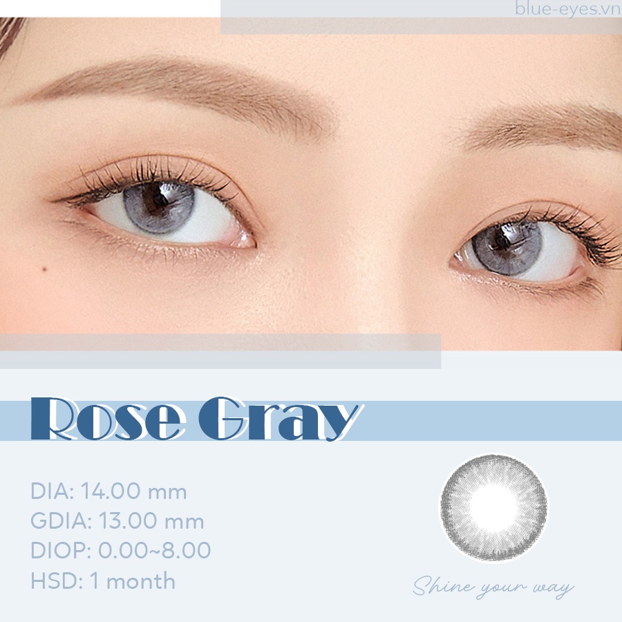 Kính áp tròng Hàn Quốc màu xám xanh tây  ROSE GRAY , Lens  giãn nhẹ dia 14.0mm, đủ độ cận  đến 8 diop.