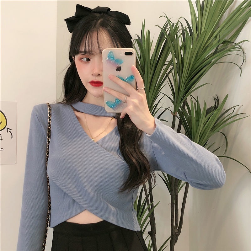 Áo Sweater tay dài ôm dáng cổ yếm đan dây chéo thiết kế mới phong cách Hàn Quốc