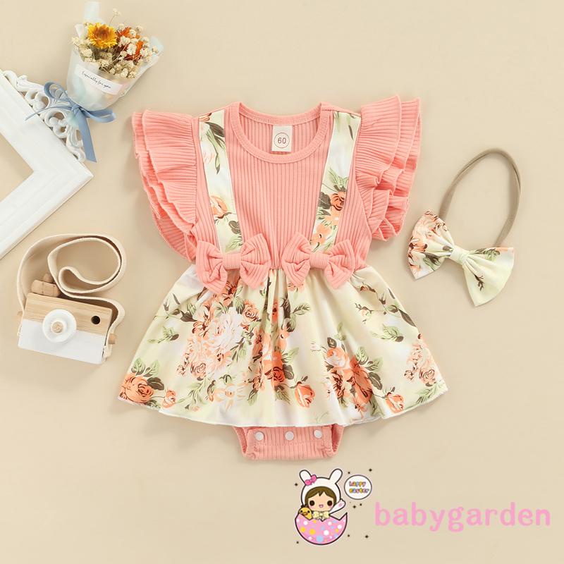 Bộ áo liền quần tay bèo in họa tiết và băng đô thời trang mùa hè xinh xắn dành cho bé gái