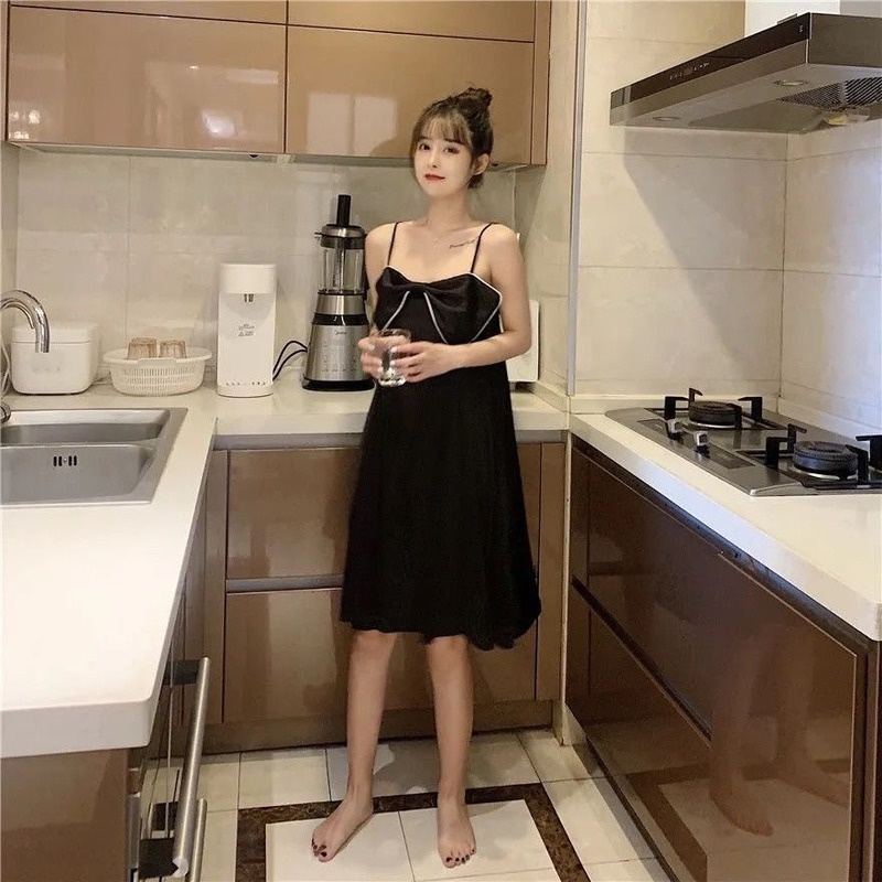 Đầm Ngủ Dáng Rộng Bằng Lụa Băng Đính Nơ Kiểu Công Chúa Ngọt Ngào Hàng Mới Cho Nữ