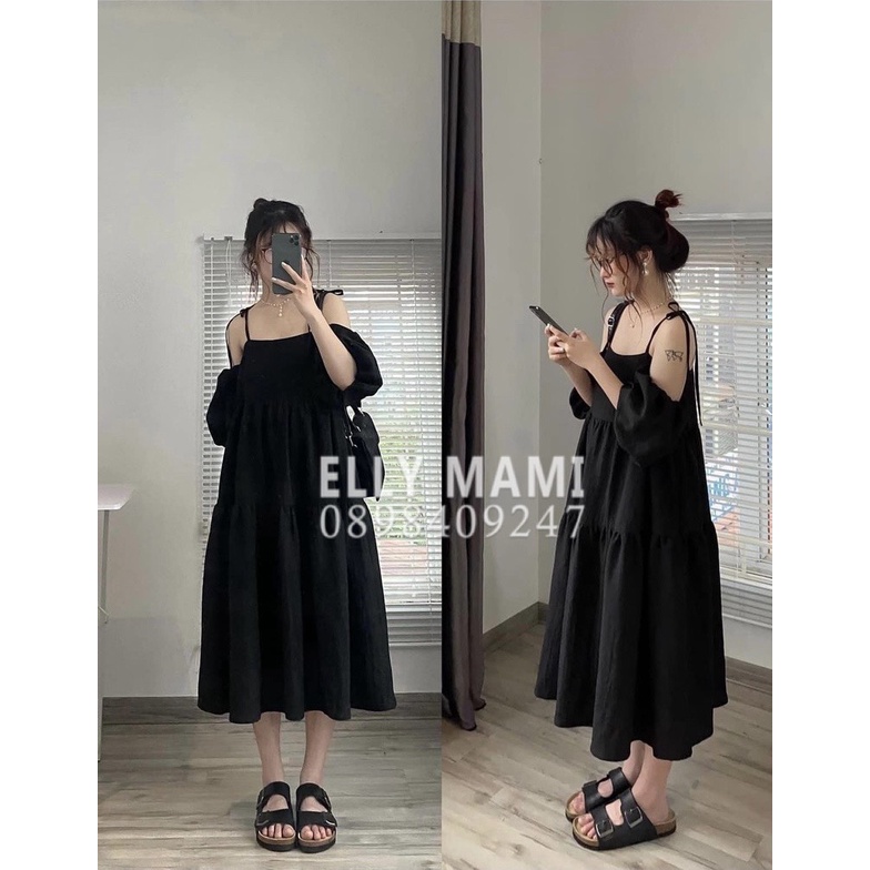 ( 40kg - 65kg ) Đầm Bầu ,Suông Babydoll 2 Dây Cột Nơ Tay Phồng Mặc Thoải Mái Suốt Thai Kì &amp; Sau Sinh Thiết Kế Cao Cấp