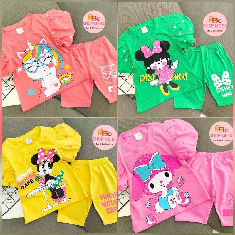 Quần áo trẻ em - Bộ lửng thun cotton size đại cho bé gái in hoạt hình mèo mickey từ 25 đến 45kg