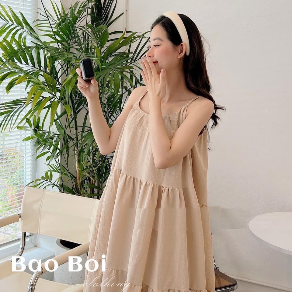 Váy maxi 2 dây 3 tầng đi biển - Đầm maxi babydoll 3 tầng dáng xuông vải đũi mềm mát rộng dài chuẩn mẫu