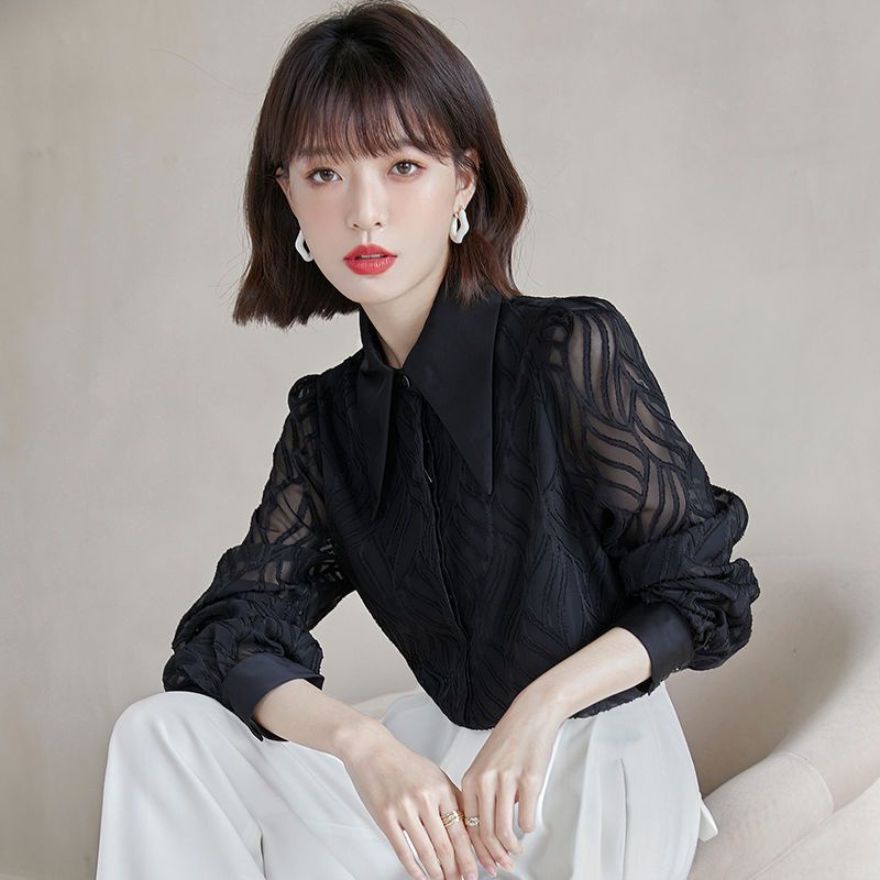 Áo Sơ Mi Chiffon Tay Dài Màu Đen Thời Trang Mùa Thu Phong Cách Hàn Quốc Cho Nữ