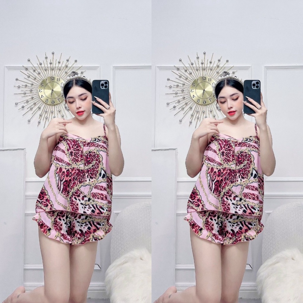 Đồ ngủ 2 dây quần bèo siêu xinh vải lụa hàn họa tiết lạ siêu dễ thương freesize dưới 57kg