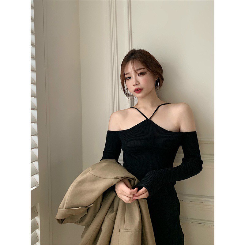 Áo yếm trễ vai tay dài trơn cự xinh , chất thun gân mềm mịn