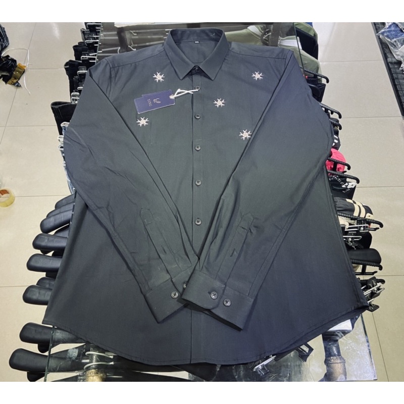 Áo sơ mi dài tay có cổ hoạ tiết thêu logo kẻ viền, Áo sơ ki thời trang nam phong cách hàn quốc btshop từ m đến xxl.