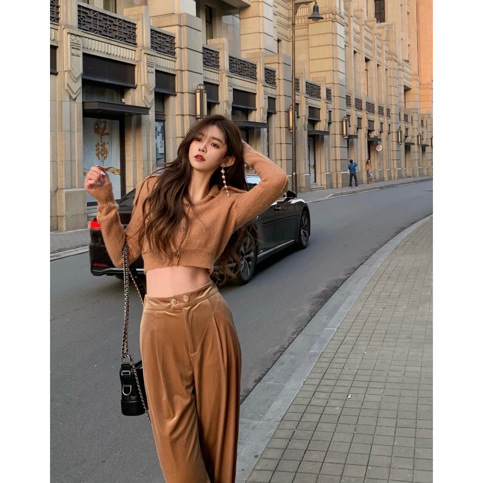 Set áo len lông mịn + quần cạp cao ống suông nhung nữ tính HS109 Hỉn Hỉn Store