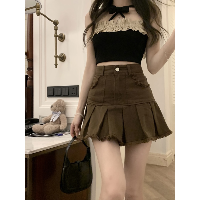 Chân váy jean Chữ A Lưng Cao Xếp Ly Xinh Xắn Dành Cho Nữ