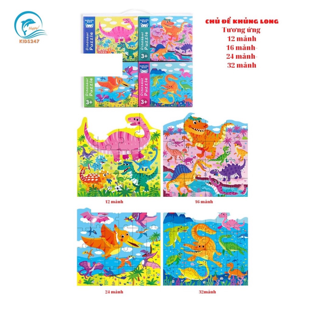 Đồ Chơi Tranh Ghép Puzzle Xếp Hình Bằng Gỗ 4 Cấp Độ Từ Dễ Đến Khó 12,16,24,32 Miếng Khủng Long, GT, 4 Mùa TRITUEVIET