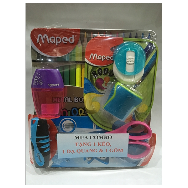 Combo Maped 12 - Chuốt Elip Maped +  Viết Lông Kim 4 Màu + Hộp Chì 18 Màu (Tặng Kèm 1 Dạ Quang + 1 Kéo + 1 Gôm) - Maped