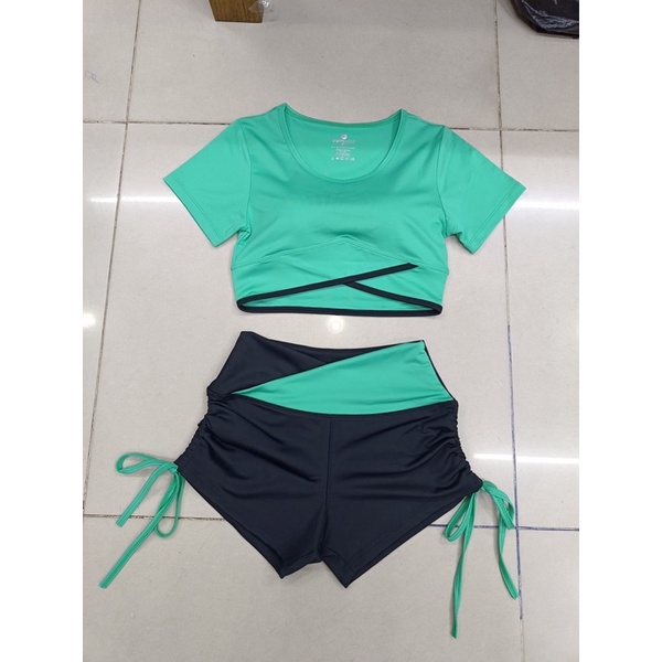 Set bộ đồ tập áo croptop vạt chéo quần đùi rút dây cạp V phối màu tập gym,yoga,nhảy Zumba, aerobic,đi bơi đi biển nữ