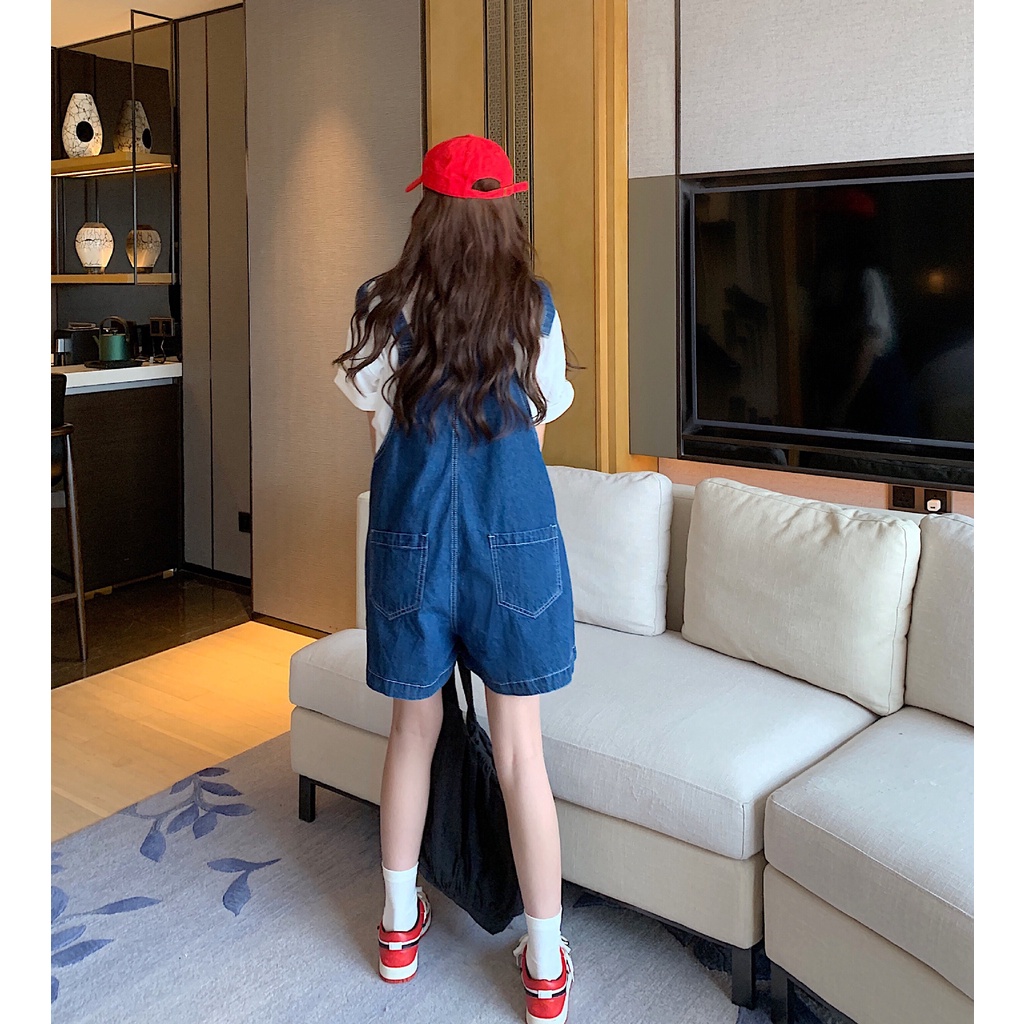 Quần yếm jeans short ống rộng xanh đậm Rainbow siêu phẩm, năng động