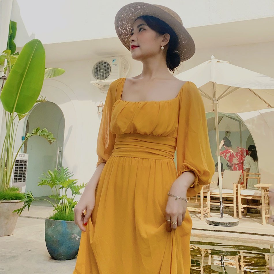 Đầm maxi trơn MIMIX váy tay dài xếp ly ngực sang trọng đi du lịch BE7190 | BigBuy360 - bigbuy360.vn