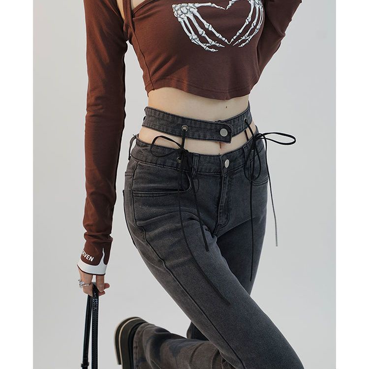 Jiashucheng Quần Jeans Ống Loe Lưng Cao Tháo Rời Được Thiết Kế Retro Mùa Hè