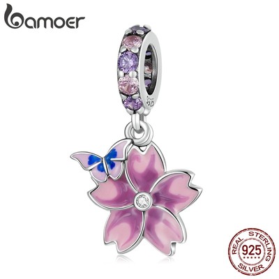 Hạt trang sức Bamoer SCC2185 925 bạc họa tiết hoa và bướm dùng làm đồ trang sức chuyên nghiệp