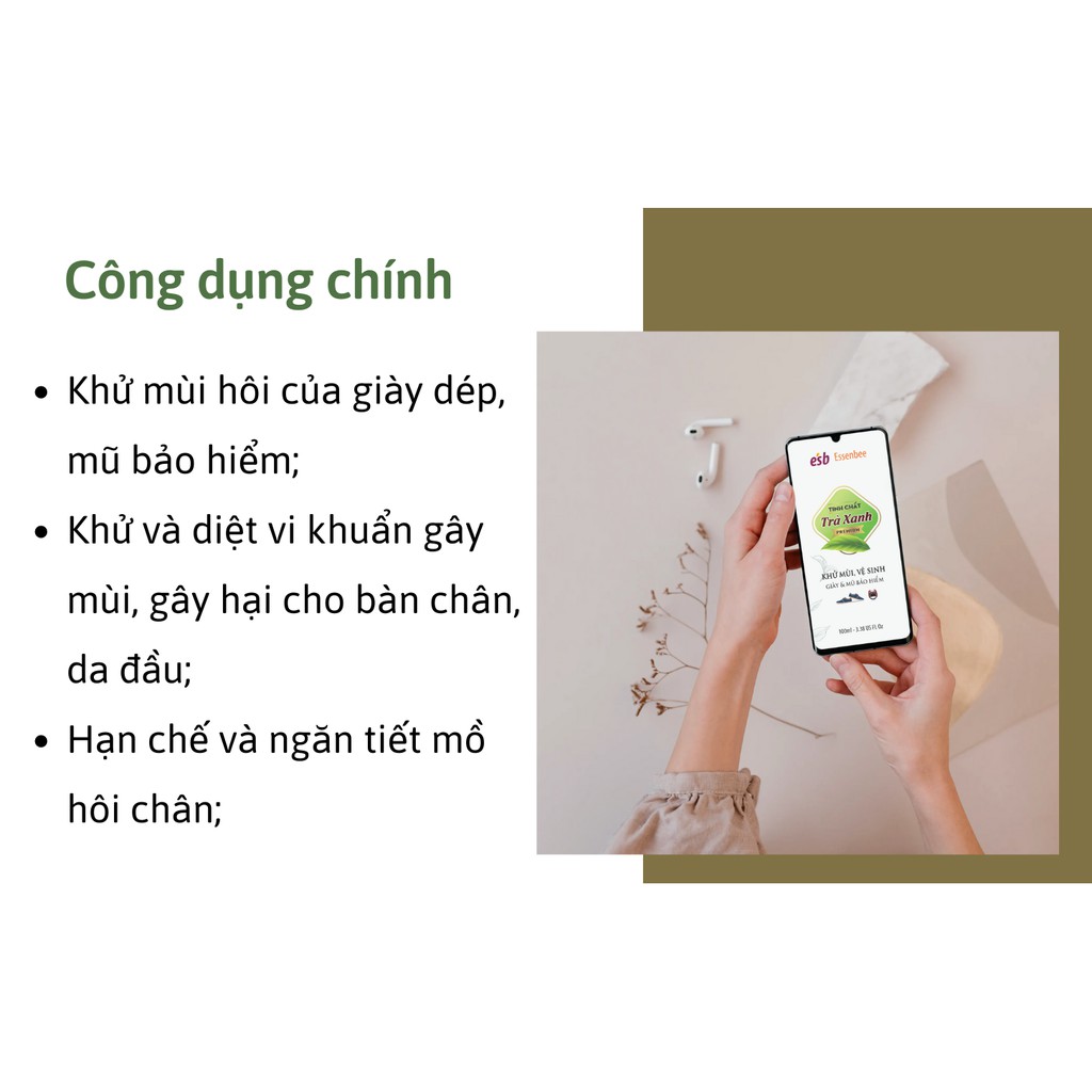 Xịt khử mùi giày, mũ bảo hiểm Trà xanh - Essenbee (100ml) - Giúp vệ sinh và khử mùi giày dép hiệu quả tức thì