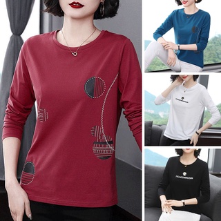 Áo thun tay dài cổ tròn in họa tiết thời trang cho phụ nữ trung niên