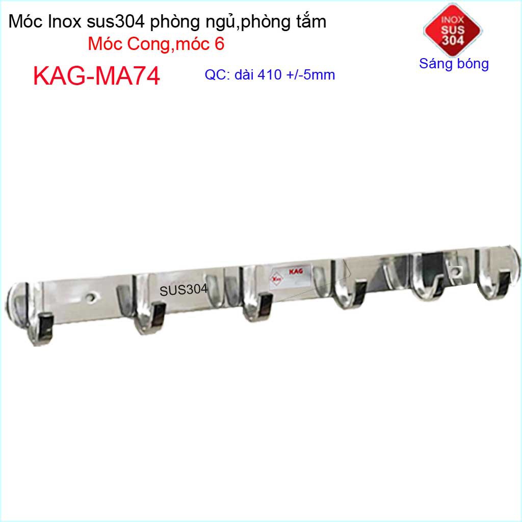 Móc cong treo quần áo inox 304 cao cấp dày, móc Kace 6 móc treo đồ nhà tắm KAG-MA74