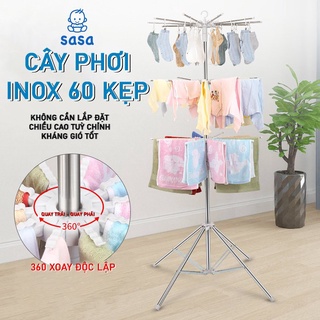 Cây phơi đồ inox thông minh gấp gọn đa năng 3 tầng 60 kẹp, treo đồ cho trẻ em, bé sơ sinh
