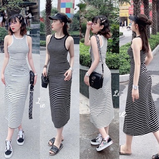Đầm 3 lỗ sọc phối viền kiểu công sở co cac bạn nữ