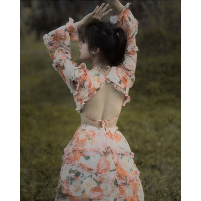 ĐẦM HOA VOAN KHOÉT EO TAY DÀI