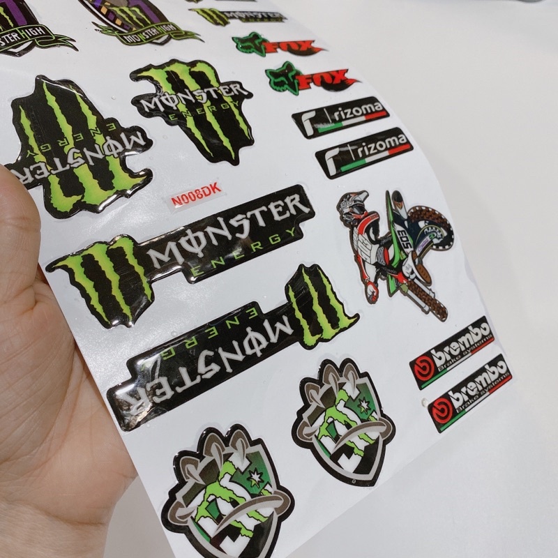 Decal tem dập nổi hình Monster moto Fox Rizoma cao cấp dán xe máy, ô tô, mũ bảo hiểm chống thấm nước, chống bay màu