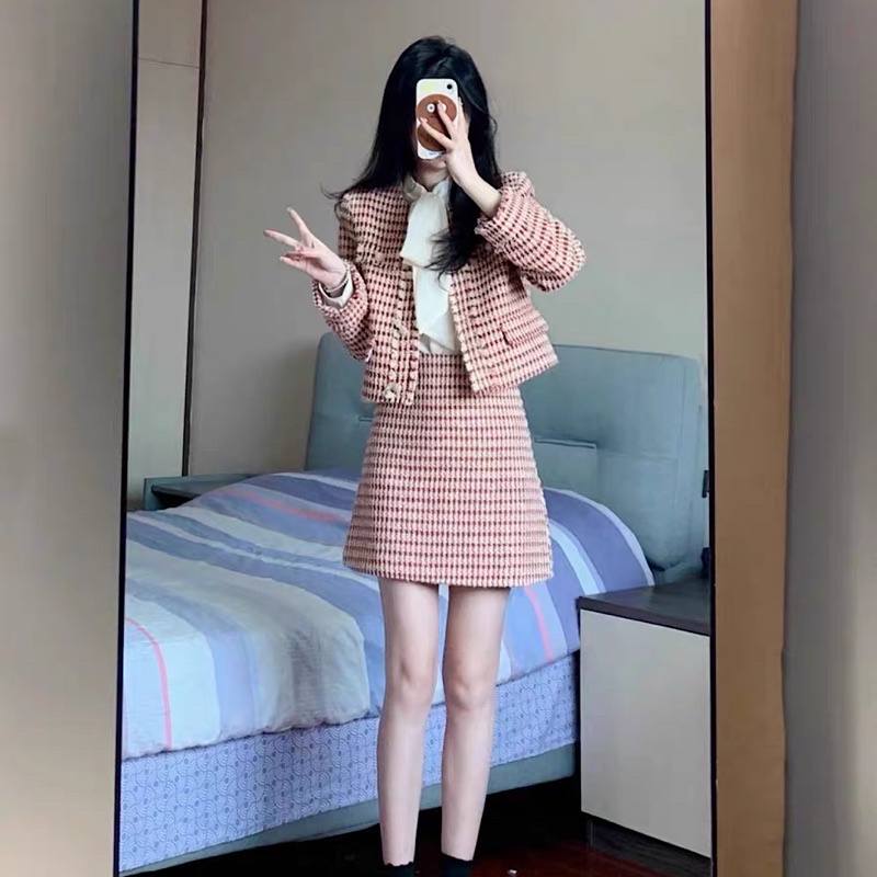 Set Dạ Tweed Hai Món Áo Khoác Kèm Chân Vây Kẻ Caro Siêu Xinh Phong Cách Hàn Quốc_ Hàng Order QCCC