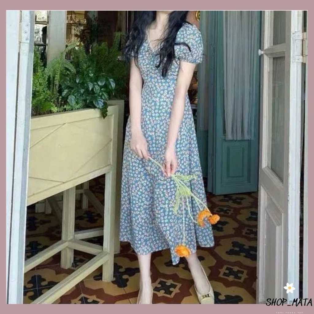 Váy Hoa Nhí Xanh ⚡️FREESHIP⚡️Vintage Dáng Dài Cổ Ren Chữ V Nhẹ Nhàng Nữ Tính