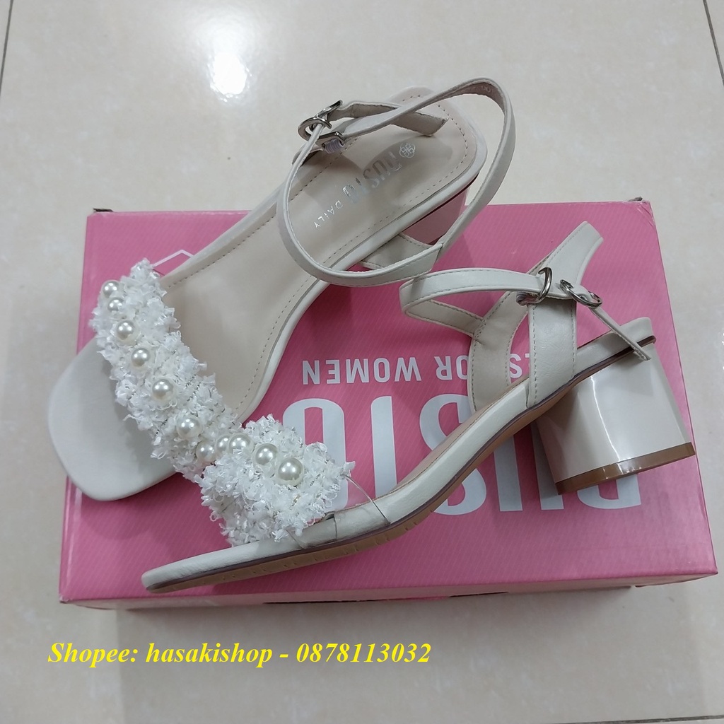 Giày sandal Dusto quai ngang phối nhựa trong và vải xinh xắn, gót 6cm