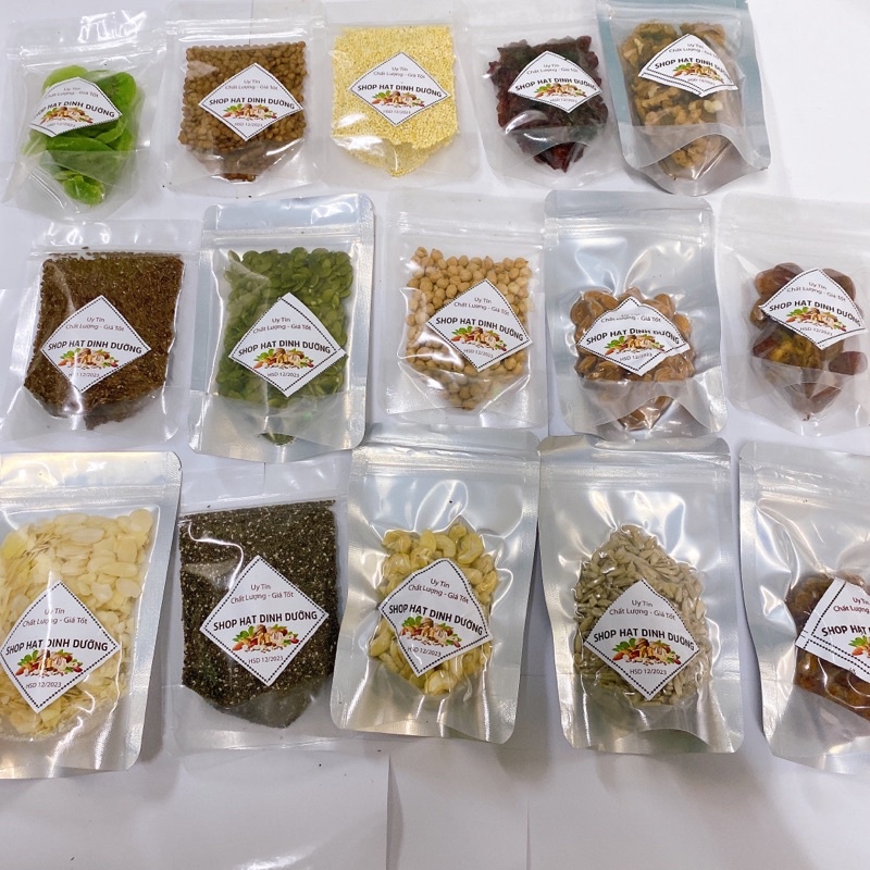 100g Hạt dinh dưỡng hữu cơ:hạnh nhân, óc chó, macca, điều, dẻ,  gà, lăng,  hà lan, diêm, bí, lanh,  kê ăn dặm, làm sữa