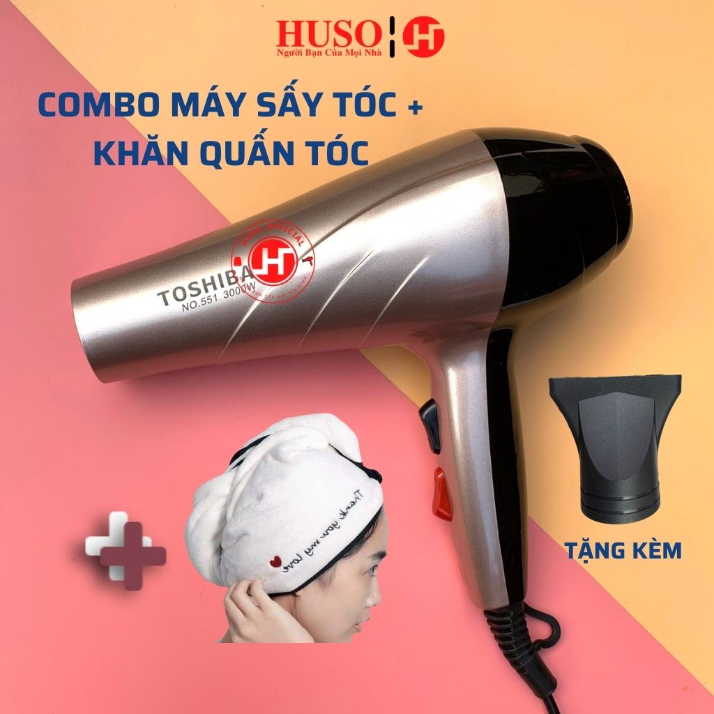 Combo máy sấy tóc TOSHIBA 551 - 3000W + khăn quấn nhanh khô, máy sấy 3 chế độ nhiệt 2 chế độ gió - HUSO