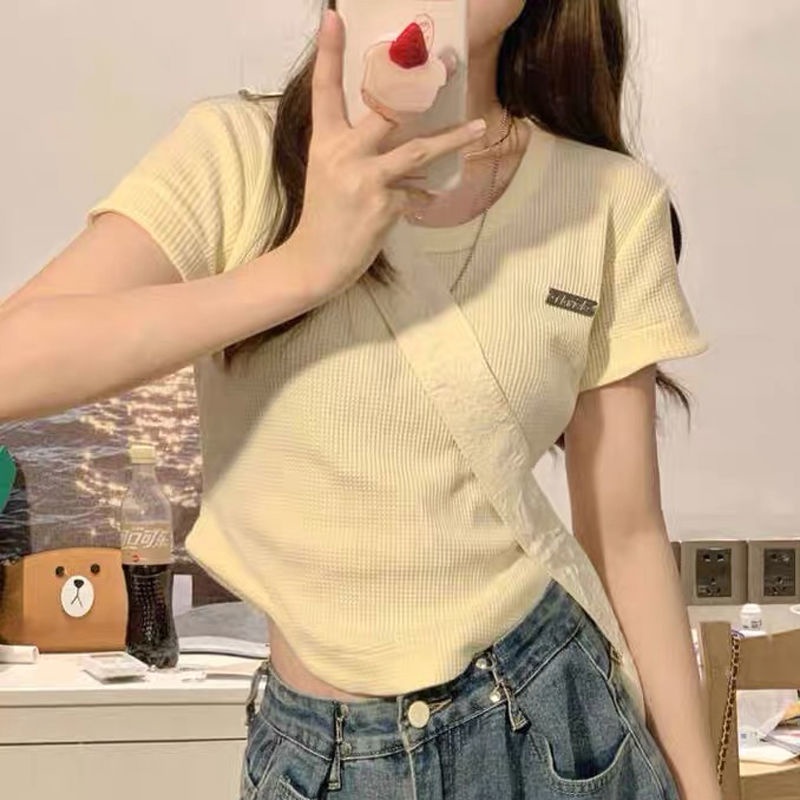 Áo Thun Nữ Ngắn Tay Cổ Chữ U Vạt Lệch Thời Trang