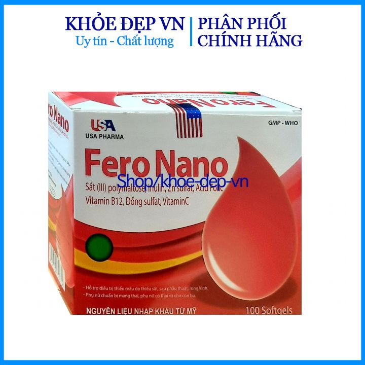 Viên uống Fero Nano bổ sung Sắt, Acid Folic cho người thiếu máu não, phụ nữ mang thai và sau sinh hộp 100 viên