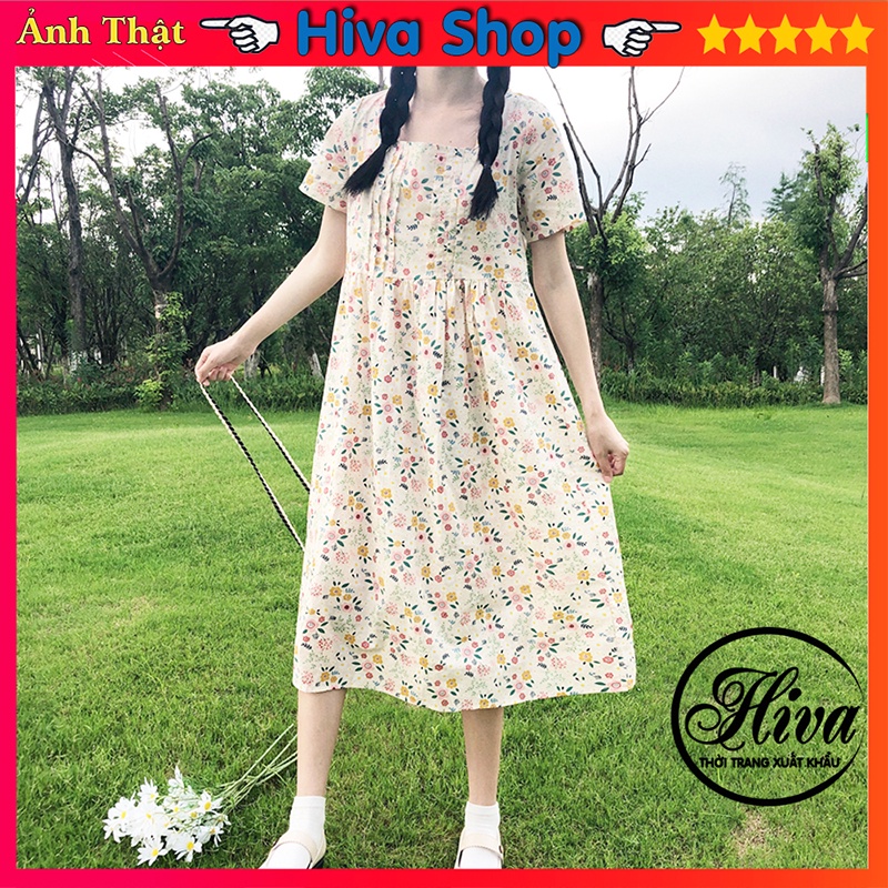 Đầm babydoll hoa nhí cổ vuông xếp ly ngực , Váy dã ngoại du lịch dụ tiệc sinh nhật (video/ảnh thật/sẵn)
